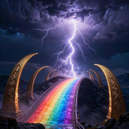 Digital artwork of a lightning-struck rainbow bridge with golden, ornate arches, vivid colors, and dark stormy clouds in the background.