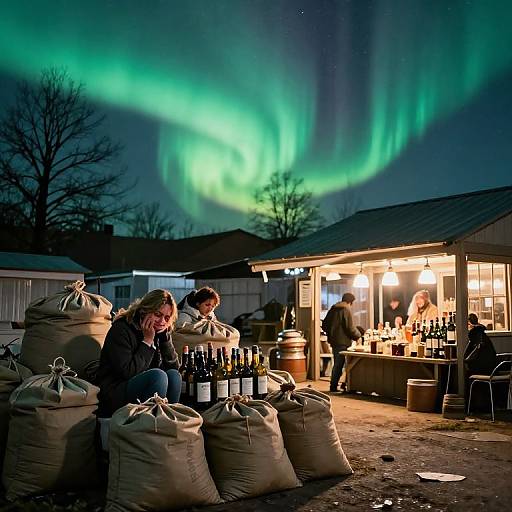 Photograph of an outdoor winter night market under vibrant green Northern Lights, with people seated by sacks of wine bottles, illuminated by market lights.