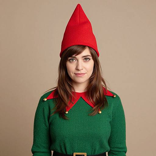 Photograph of a young woman with fair skin, brown hair, and green eyes, wearing a red cone hat and green sweater with red collar and gold