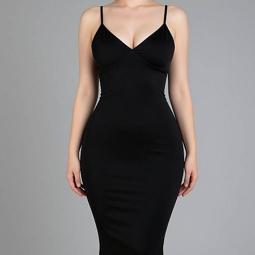 Photograph of a light-skinned woman wearing a form-fitting, black, V-neck dress with thin straps, standing against a plain gray background.