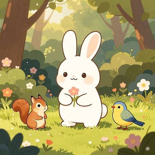 Whimsical forest scene: white bunny holding flower, cute squirrel on left, blue-yellow bird on right, colorful flowers and lush greenery. Digital