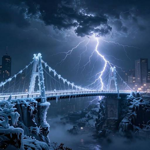 Photorealistic digital artwork of a snow-covered bridge illuminated by bright lightning during a storm, with city skyscrapers in the background.