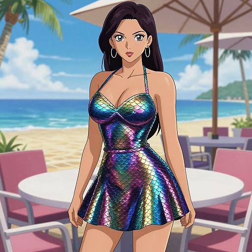 Digital art of a beautiful woman with long black hair, wearing a shimmering, multicolored, halter-neck mini dress, standing on a tropical