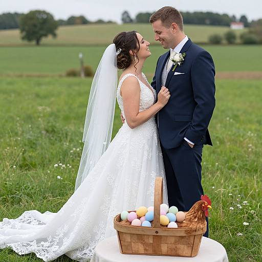 Photograph of a smiling couple in wedding attire, standing in a green meadow, gazing at each other, with a basket of Easter eggs and