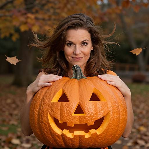 Photograph of a smiling woman with brown hair holding a carved, glowing jack-o'-lantern in an autumn park with falling leaves.