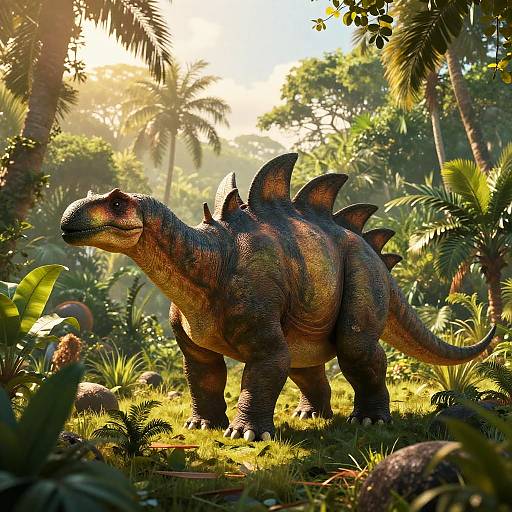 Digital artwork of a large, spiked, dinosaur-like creature with a dark, scaly texture standing in a sunlit, lush, tropical jungle.