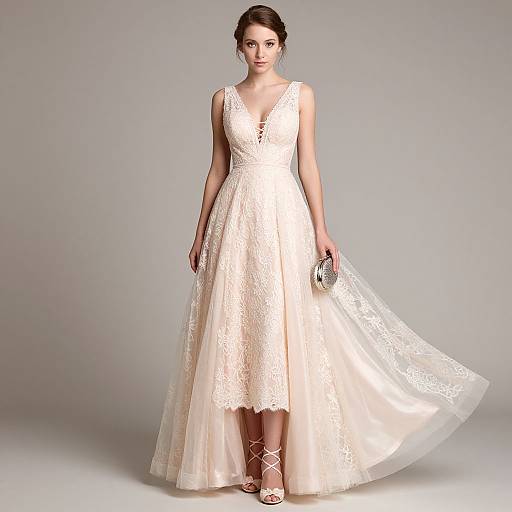 Photograph of a fair-skinned woman in a white lace, V-neck, sleeveless wedding dress with a flowing skirt and white strappy heels.