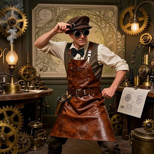 Steampunk inventor in brown leather apron, black hat, round goggles, white shirt, black bowtie, adjusting hat in gear-filled workshop.