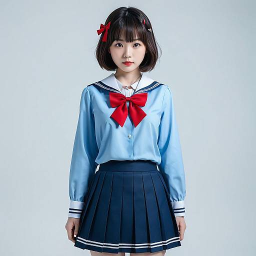 Digital illustration of an Asian girl in a blue sailor uniform with a red bow, black pleated skirt, and white cuffs, standing against a white background
