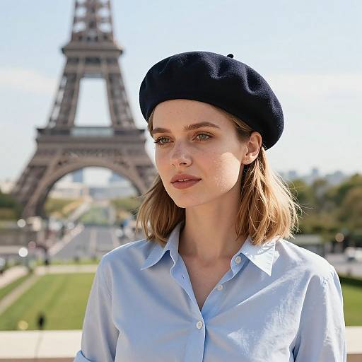 Photograph of a young woman with fair skin, light brown hair, and blue eyes, wearing a black beret and light blue shirt, standing in