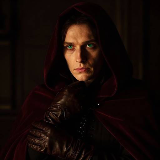 Photograph of a serious woman with piercing green eyes, wearing a dark hooded cloak and leather gloves, illuminated against a black background.