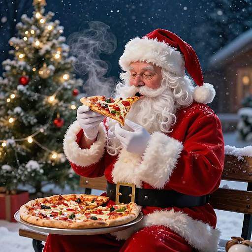 Photograph of Santa Claus in red suit, white beard, and hat, eating a slice of pepperoni pizza, snowy night, Christmas tree in background