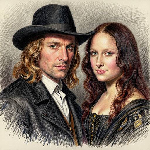 Digital drawing of a man with long blond hair, black hat, and coat, and a woman with wavy brown hair, both smiling, in 