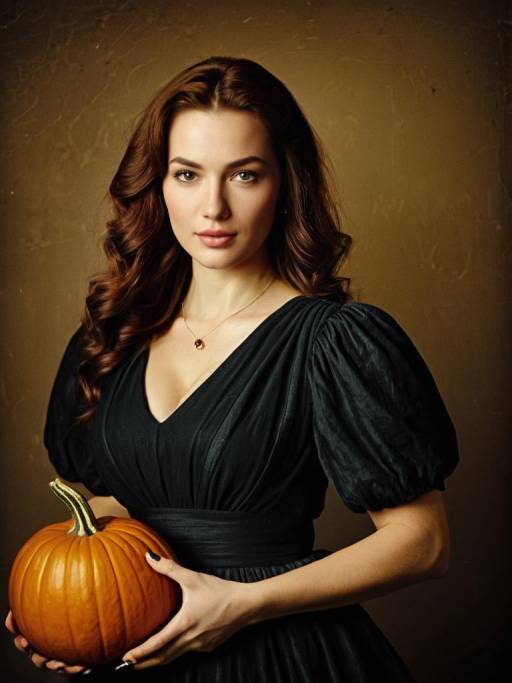 Woman in Black Dress Holding Pumpkin