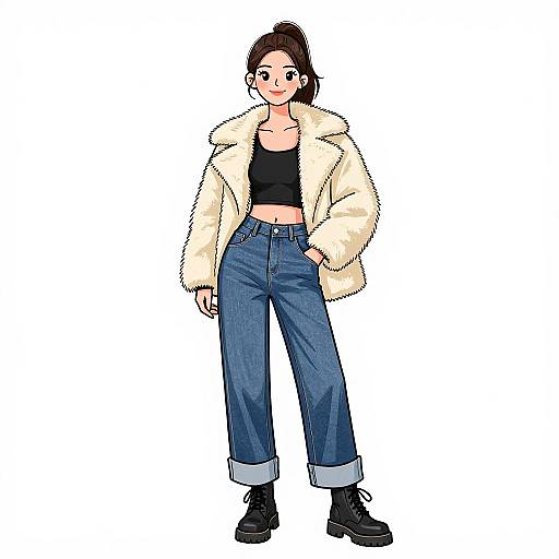 Digital illustration of a young woman with light skin, dark brown hair in a ponytail, wearing a fluffy white jacket, black crop top, high-w