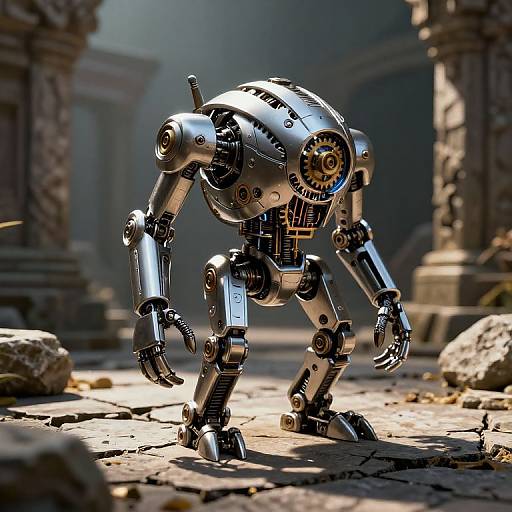 Photorealistic CGI of a shiny, metallic, crouching robot with exposed gears and circuits, standing in a sunlit, ancient stone ruin.