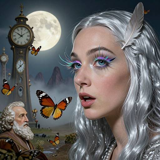 Digital artwork of a silver-haired fairy with vivid blue eyes and white feather, surrounded by orange butterflies, beside an elderly man and a clock tower under a