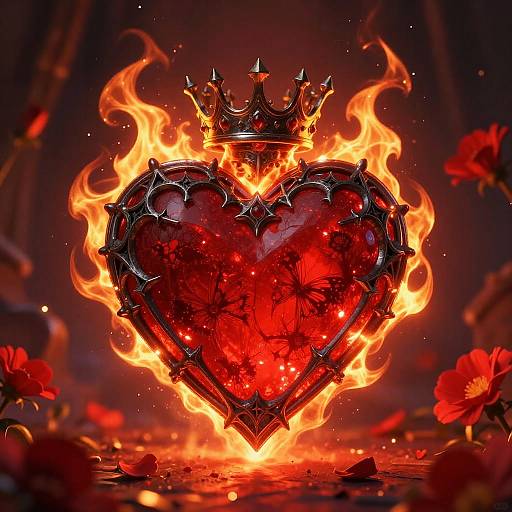 Digital artwork of a fiery, spiked red heart with a crown, surrounded by flames and red flowers, set against a dark background.