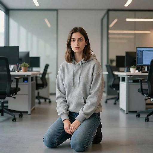 Photograph of a young woman with straight brown hair, wearing a gray hoodie and blue jeans, kneeling in a modern, brightly-lit office with desks