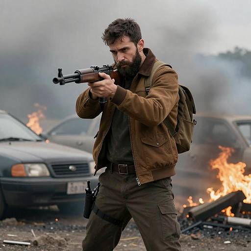 Bearded Survivor Aiming Amid Burning Cars