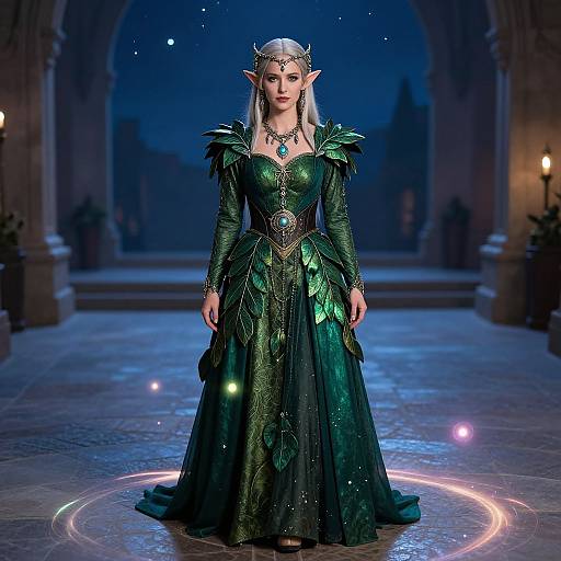 Photorealistic digital artwork of an elf woman with pointed ears, wearing an elaborate dark green, gem-embellished gown, standing on a glowing