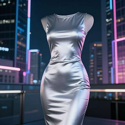 Photograph of a shiny silver satin sleeveless dress displayed on a mannequin against a neon-lit cityscape at night.