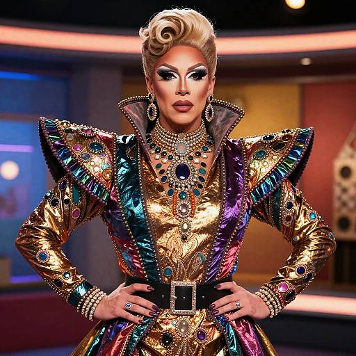 Photograph of a glamorous, blonde woman with dramatic makeup, wearing a vivid, sequined, gold and multicolored dress with large shoulders, orn