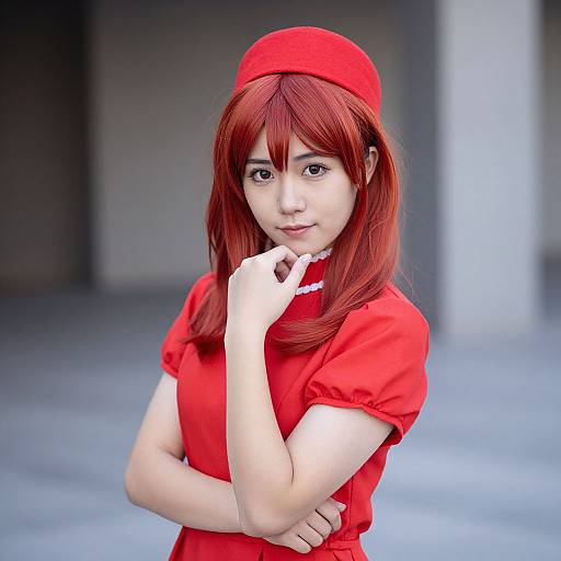 Photograph of a young Asian woman with red hair, wearing a red hat and dress, posing with one hand near her chin, against a blurred urban