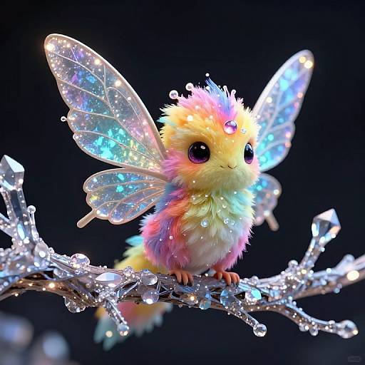 Whimsical digital artwork of a glowing, rainbow-furred fairy with iridescent wings and a jewel on its head, perched on a spark
