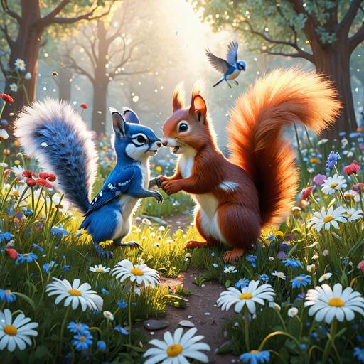 Whimsical Garden Scene with Squirrel and Jay