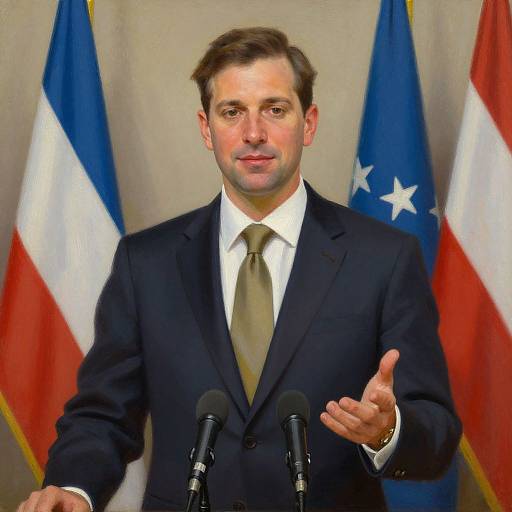 Photograph of a white male politician with short brown hair, wearing a dark suit, white shirt, and olive tie, gesturing with his right hand