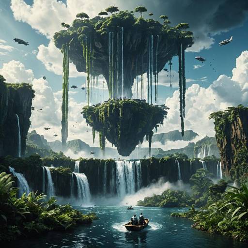 Floating Sky Island with Waterfalls and Scientists