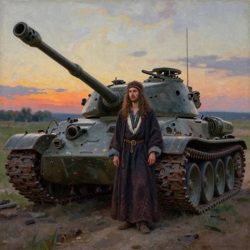Digital painting of a long-haired woman in a dark robe standing in front of a large, gray tank against a sunset sky.