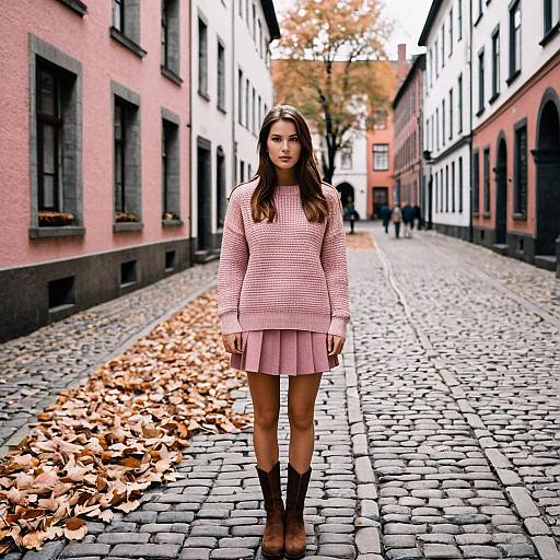 Young Woman in Pink Woolen Outfit on Cobblestone Street