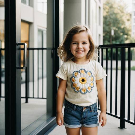 Smiling Toddler Girl in Denim Shorts and Flower Tee