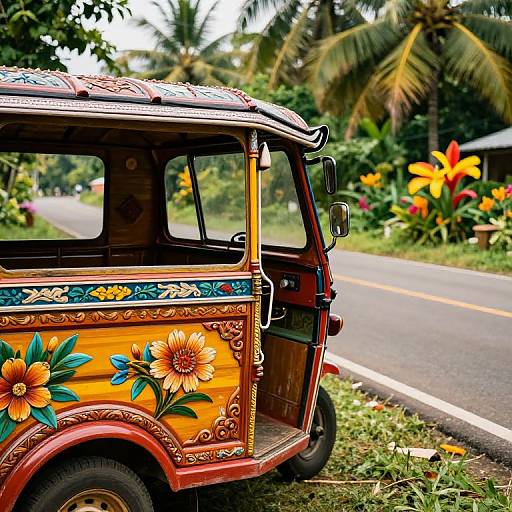 Colorful, ornate tuk-tuk parked on a rural road beside vibrant tropical flowers and lush greenery, with palm trees in the background.