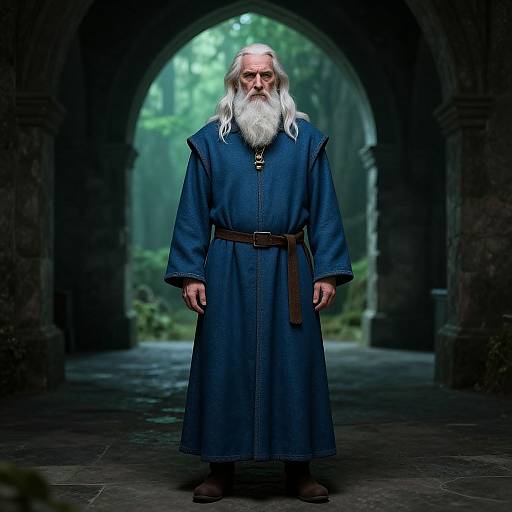 Photograph of an elderly white man with a long white beard, wearing a blue medieval robe and brown belt, standing under a dark stone archway,