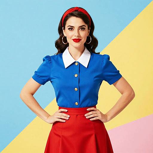 Vintage-style photograph of a woman with dark hair, red headband, blue button-up shirt, white collar, red skirt, and hoop earrings, standing