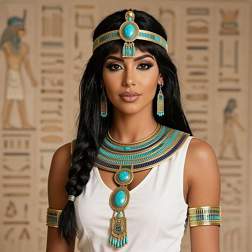 Photograph of a dark-haired woman with Egyptian-inspired jewelry, wearing a white top, against an ancient Egyptian wall backdrop.