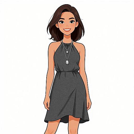 Digital illustration of a smiling woman with medium-length brown hair, wearing a dark gray halter dress and silver necklace, standing against a white background.