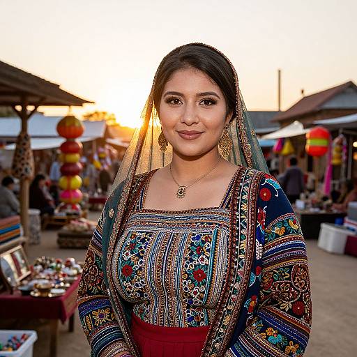 Photograph of a smiling South Asian woman with dark hair in a traditional embroidered dress, veil, and gold jewelry, standing in a vibrant, sunlit