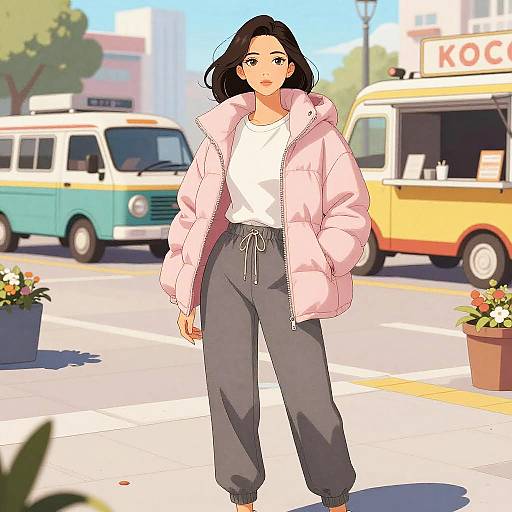 Anime-style drawing of a young woman with black hair, wearing a pink puffer jacket, white shirt, and gray pants, walking on a sunny street