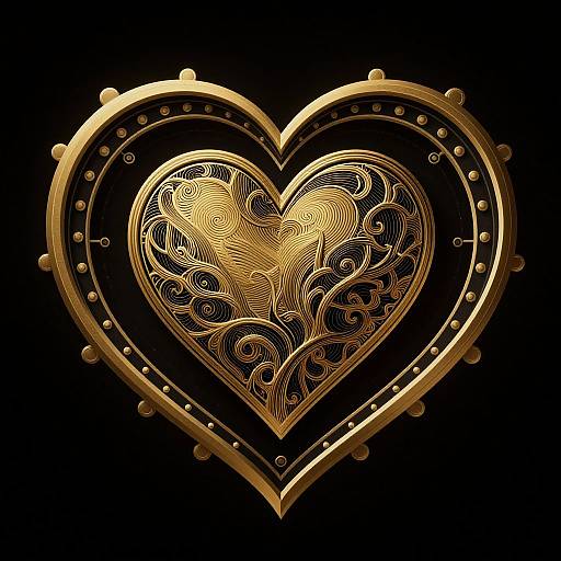 Golden, intricately patterned heart with swirling designs, encased in a detailed, beaded, metallic frame, set against a black background. Digital