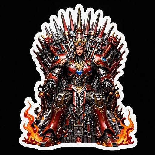 Digital artwork of a muscular, armored, red and black robotic figure with a crown of spikes, seated on a throne surrounded by flames, resembling a fusion