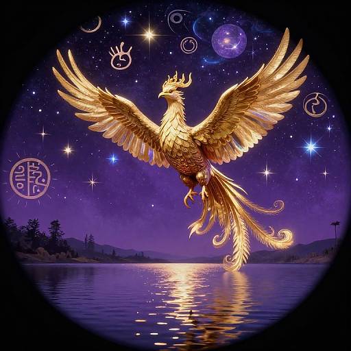 Golden phoenix with outstretched wings soars over a reflective lake under a starry, purple night sky, surrounded by celestial symbols. Digital art.