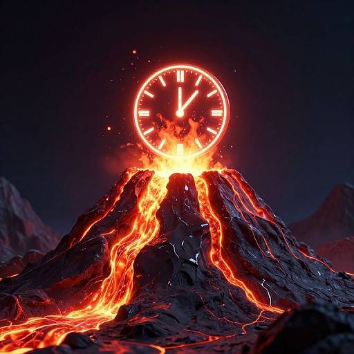 Photorealistic CGI: A bright, glowing clock with red hands sits atop a volcanic mountain, with lava flowing down its sides into a dark, mountain