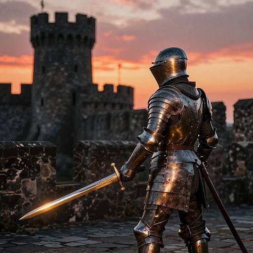 Knight in shiny silver armor with a glowing sword, facing medieval castle towers at sunset. Vibrant orange sky contrasts with dark stone. Photograph.