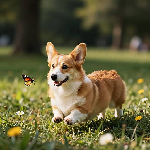 Photograph of a cute, tan and white Corgi puppy with alert ears, chasing a vibrant orange and black butterfly in a sunlit, green