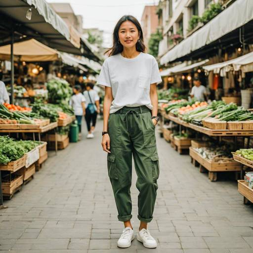 Young Woman in Cargo Pants at Outdoor Market
