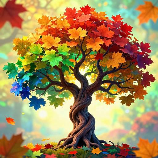 Vibrant digital artwork of a twisted tree with multicolored autumn leaves in red, orange, yellow, green, and blue, set against a